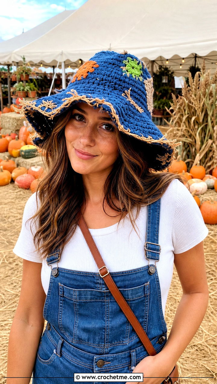 Patchwork Crochet Scarecrow Hat With Denim Overalls - 30 crochet scarecrow hat outfit ideas