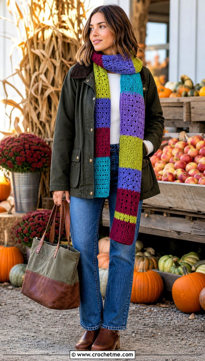 Patchwork Crochet Scarf With Barn Jacket And Jeans - 35 crochet scarves outfit ideas