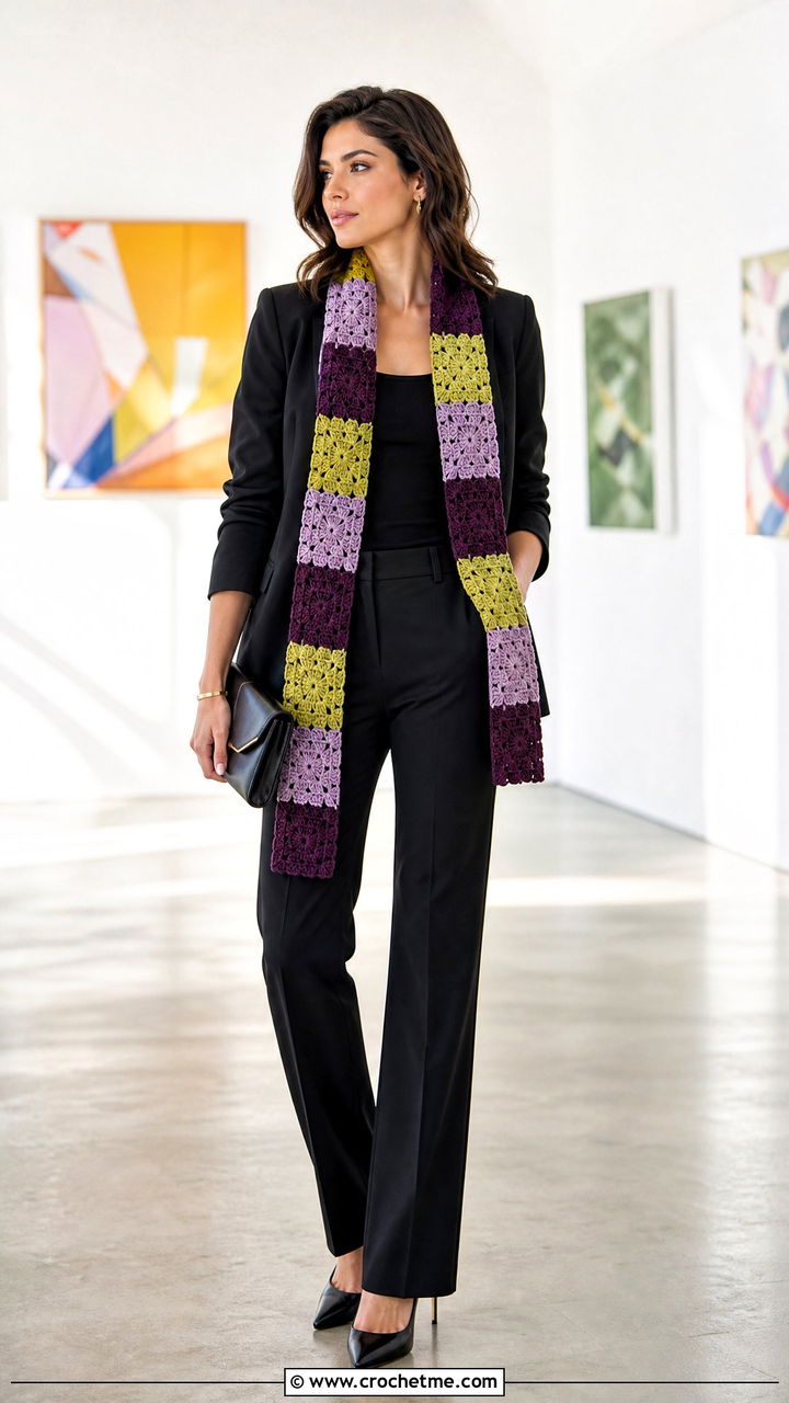 Patchwork Crochet Scarf With Black Suit - 35 crochet scarf ideas