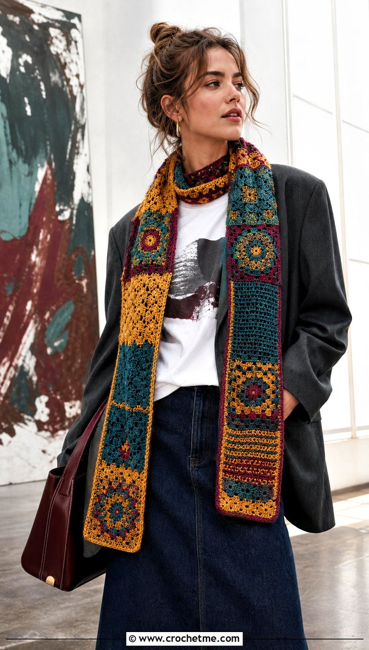 Patchwork Crochet Scarf With Blazer And Denim Maxi Skirt - 35 fun crochet scarf outfit ideas