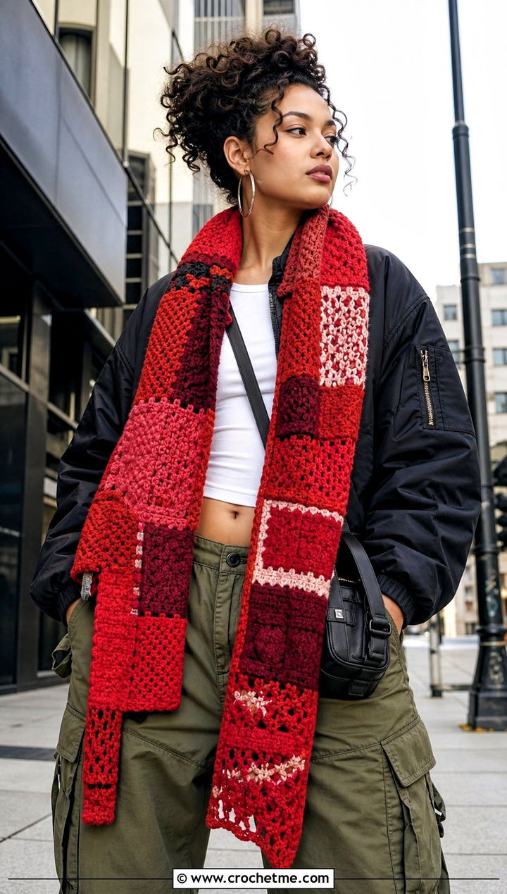 Patchwork Crochet Scarf With Bomber Jacket - 20 Crochet Textured Scarf outfit ideas
