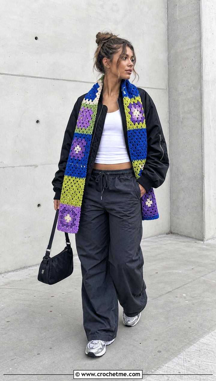 Patchwork Crochet Scarf With Bomber Jacket - 35 crocheted scarf outfit ideas