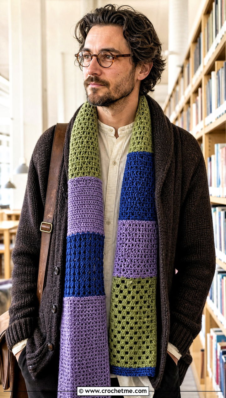 Patchwork Crochet Scarf With Cardigan - 20 men's crocheted scarf outfit ideas