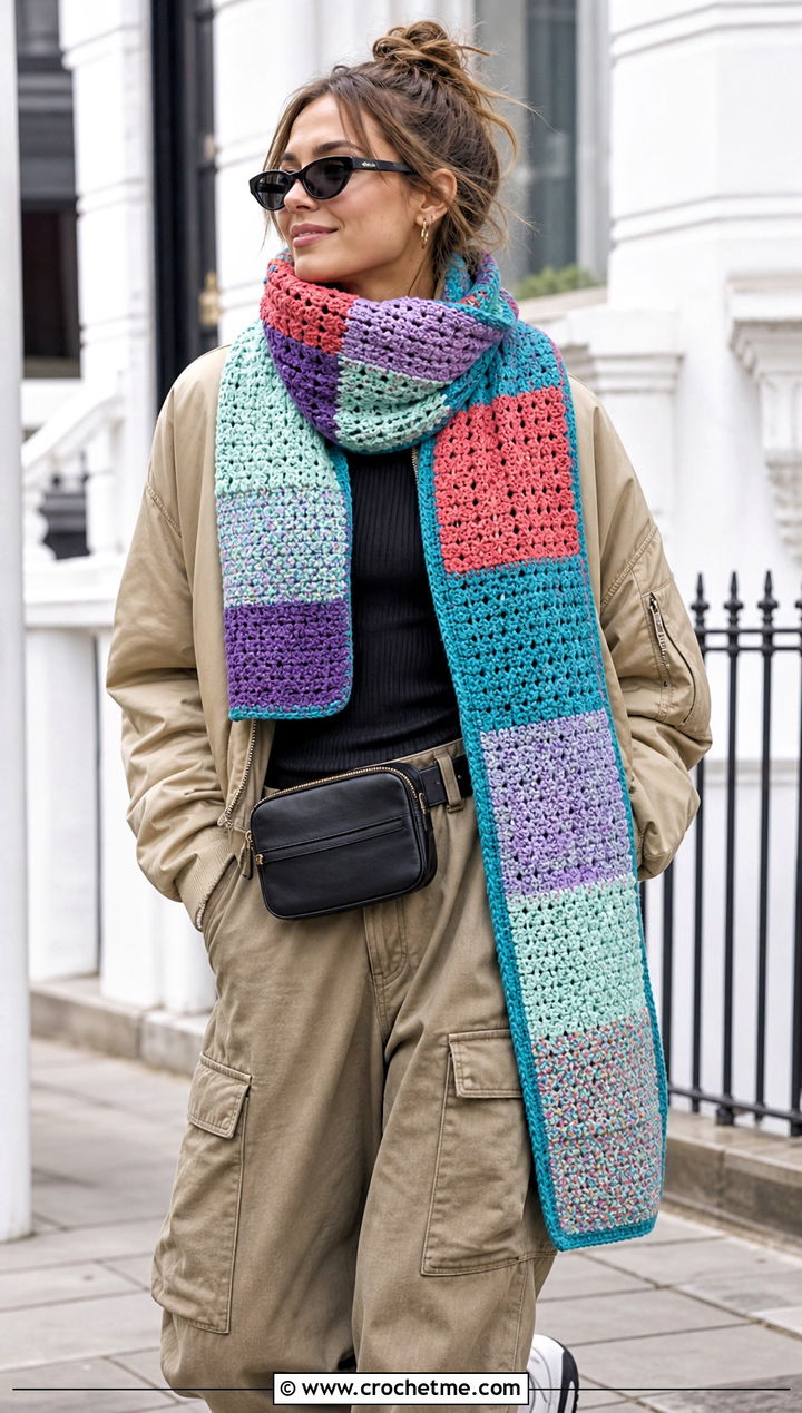 Patchwork Crochet Scarf With Cargo Pants - 25 boho crochet scarf outfit ideas