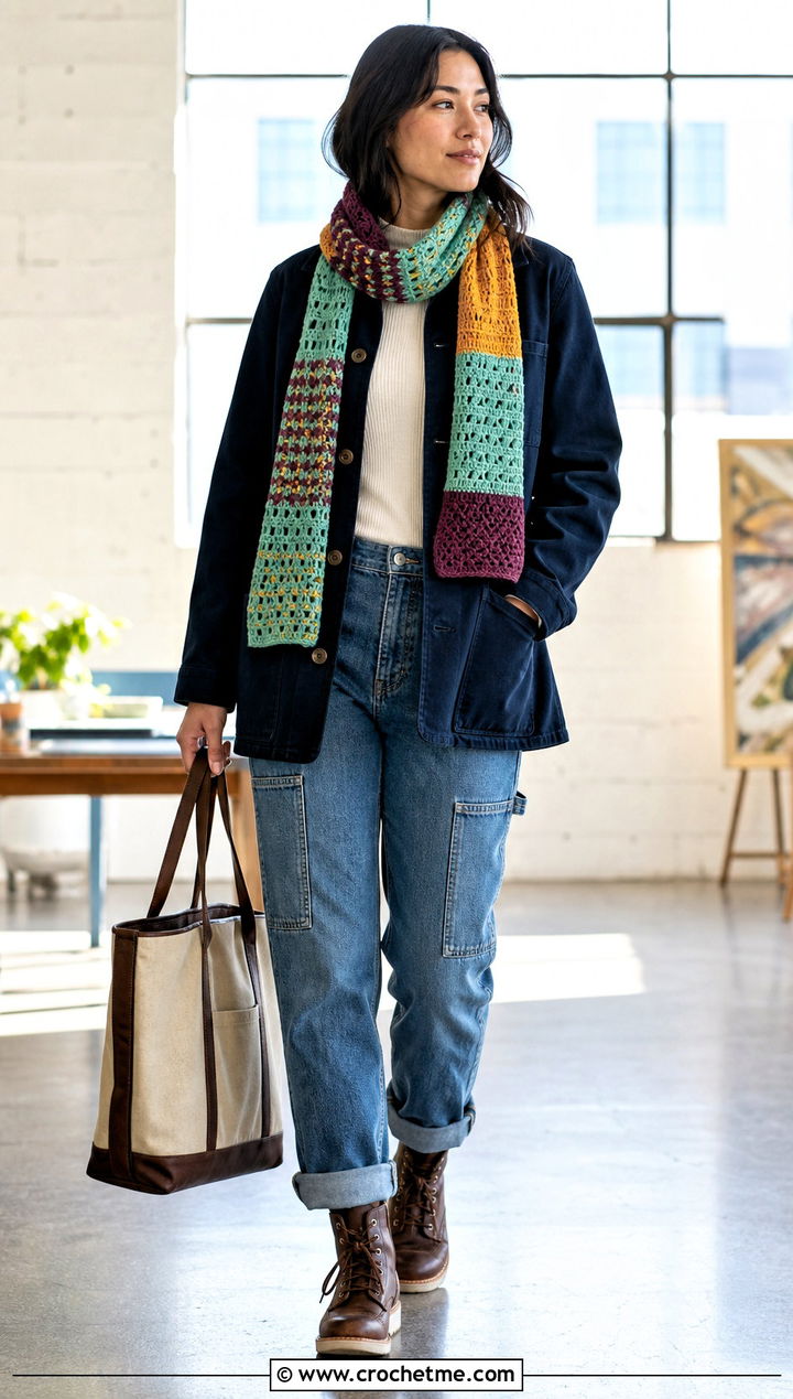 Patchwork Crochet Scarf With Chore Coat and Carpenter Jeans - 35 Winter Crochet Scarf outfit ideas