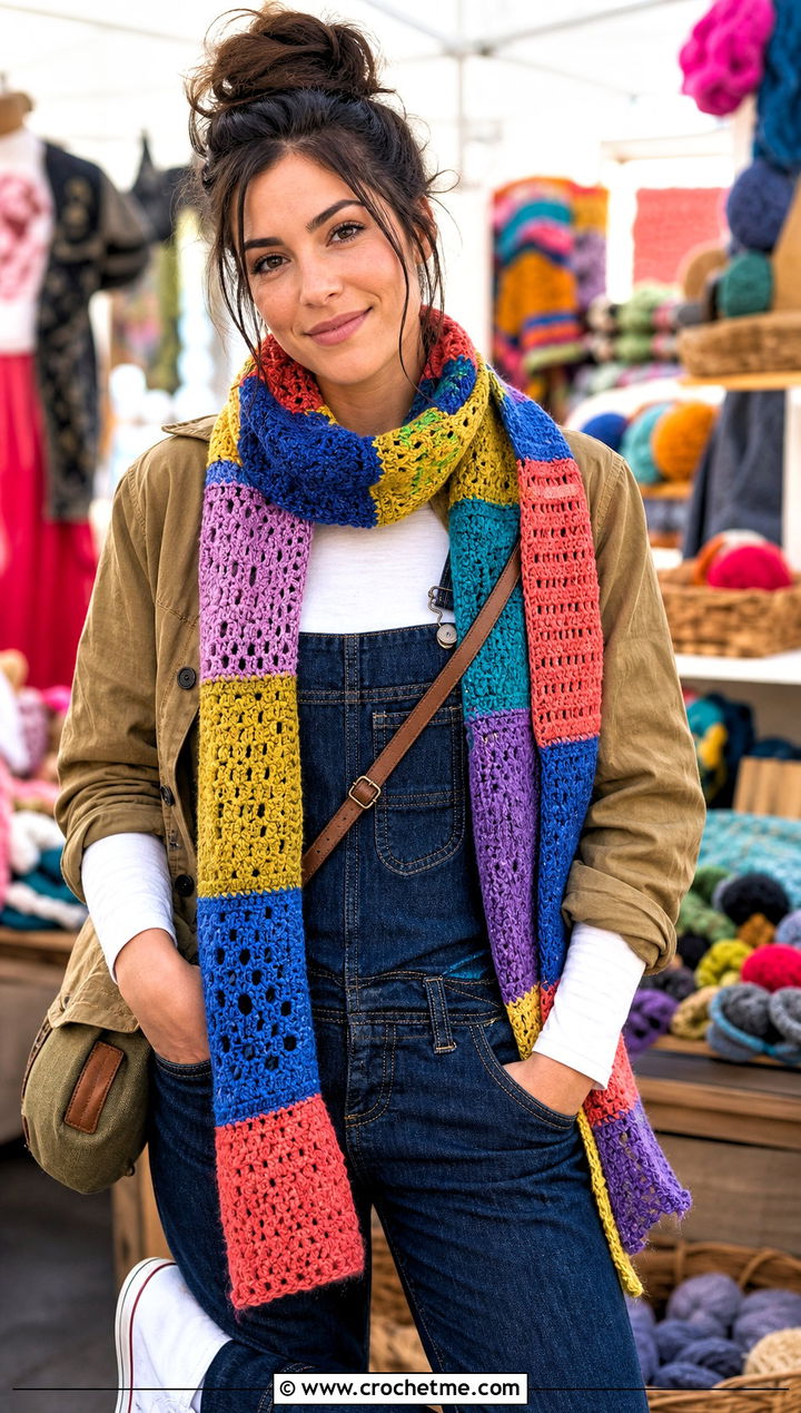 Patchwork Crochet Scarf With Chore Jacket And Overalls - 25 pretty crochet scarf outfit ideas