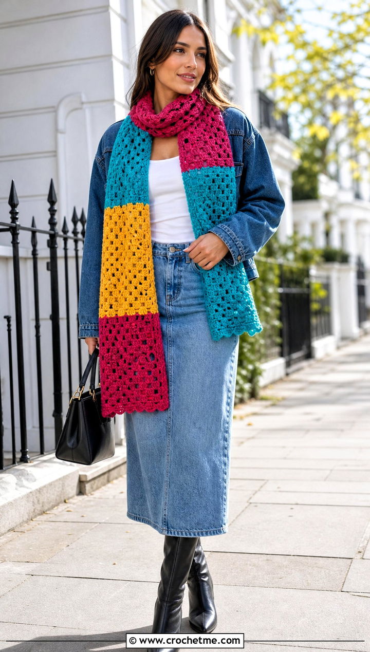 Patchwork Crochet Scarf With Denim Jacket And Denim Skirt - 35 small crochet scarf outfit ideas