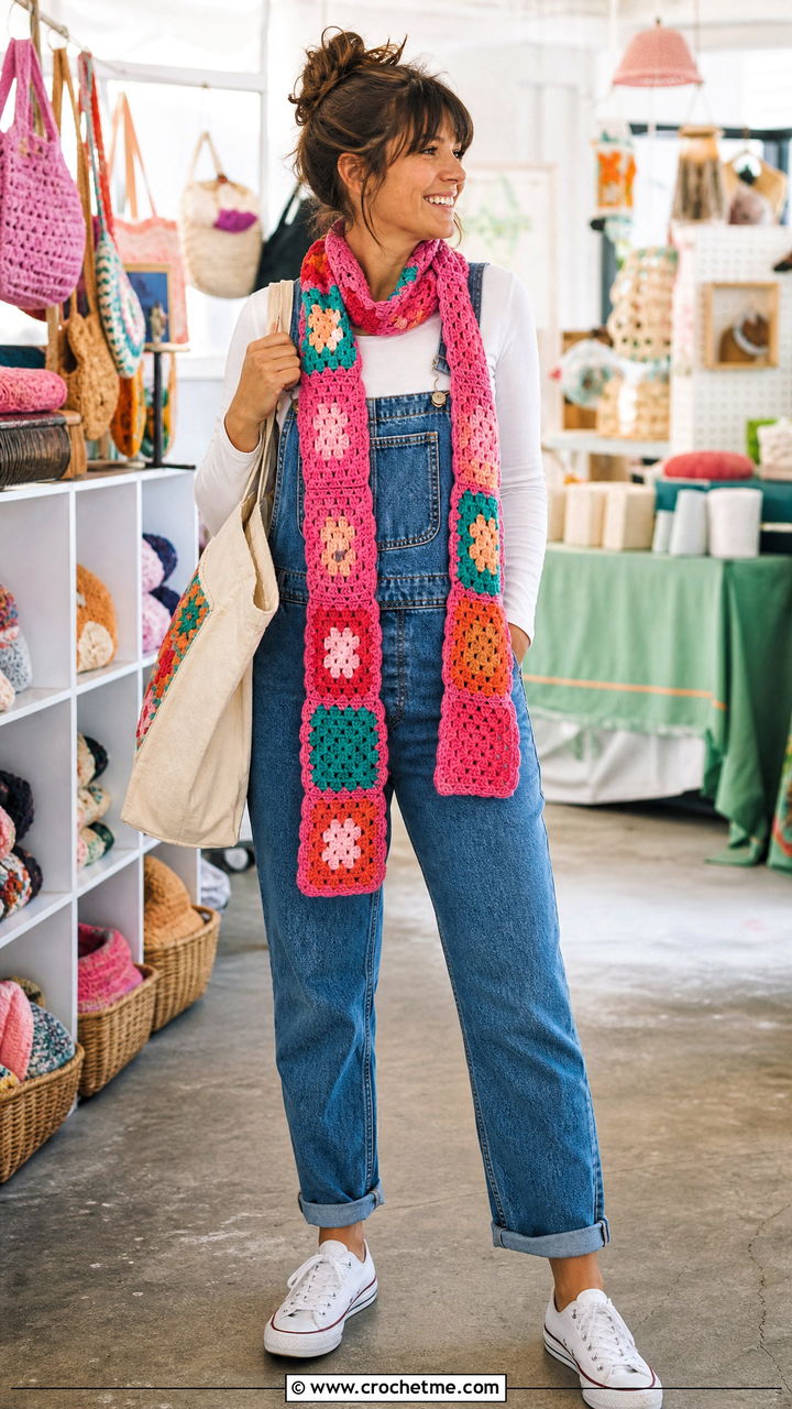 Patchwork Crochet Scarf With Denim Overalls - 35 simple crochet scarf outfit ideas