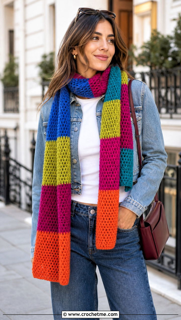 Patchwork Crochet Scarf With Double Denim Outfit - 25 denim and crochet scarf outfit ideas