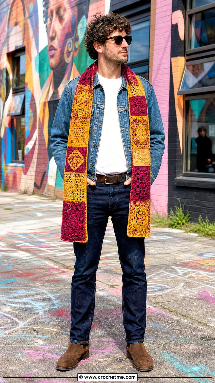 Patchwork Crochet Scarf With Double Denim - 35 men's crochet scarf outfit ideas