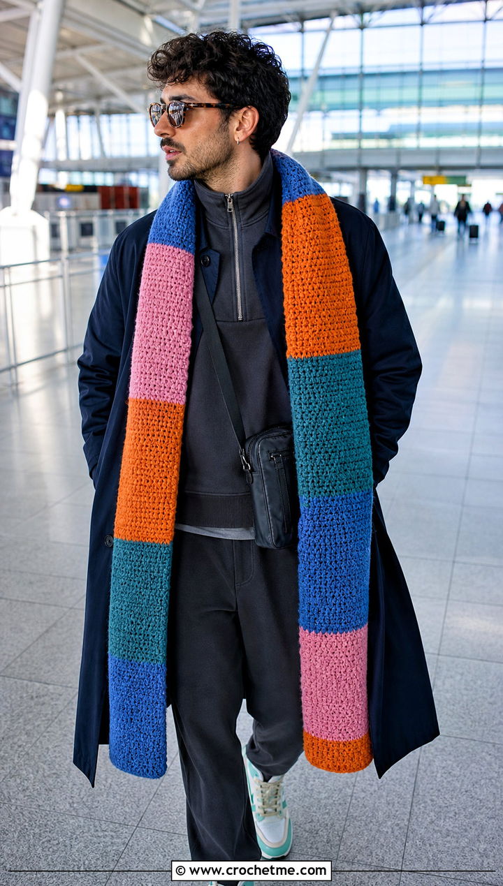 Patchwork Crochet Scarf With Matching Tracksuit - 20 Mens Winter Crochet Scarf outfit ideas