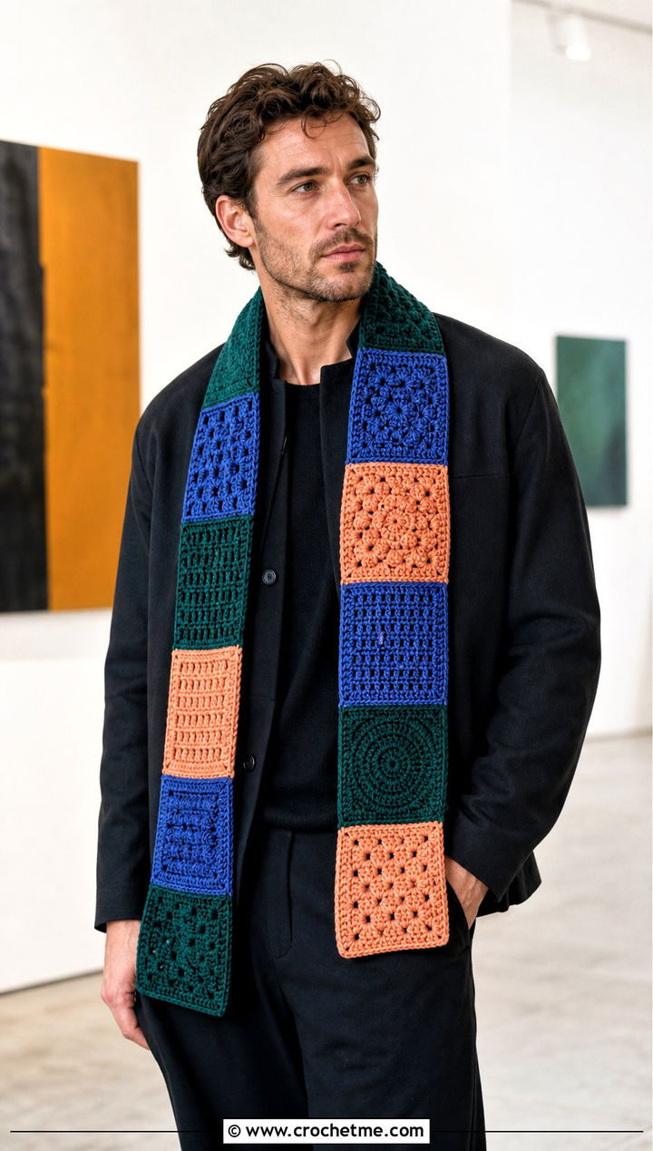 Patchwork Crochet Scarf With Minimalist Jacket - 30 crochet scarf ideas for men
