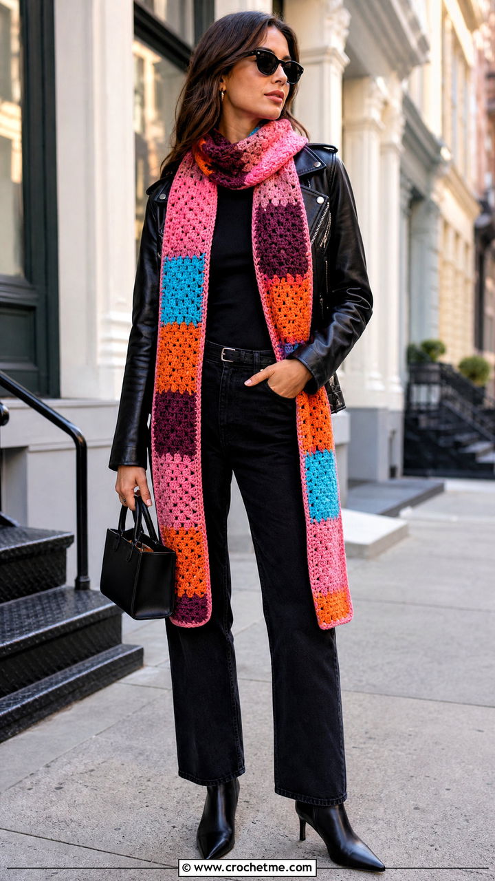 Patchwork Crochet Scarf With Moto Jacket And Black Jeans - 35 quick crochet scarf outfit ideas