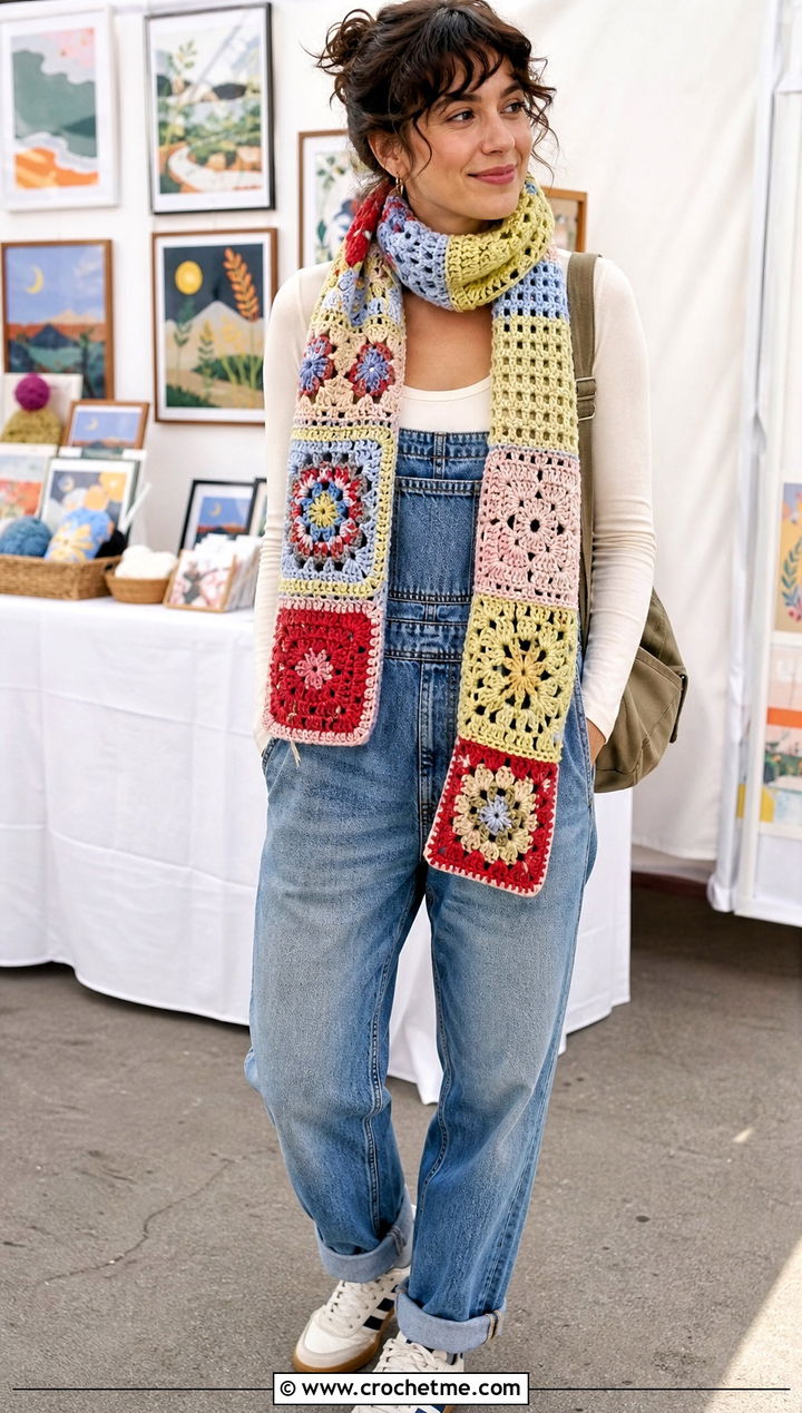 Patchwork Crochet Scarf With Overalls And Sneakers - 25 super crochet scarf outfit ideas