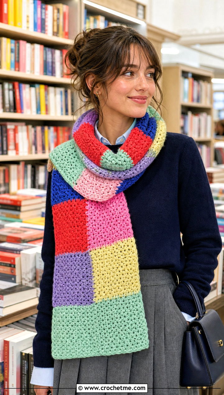 Patchwork Crochet Scarf With Preppy Outfit - 25 multi colored crochet scarf outfit ideas