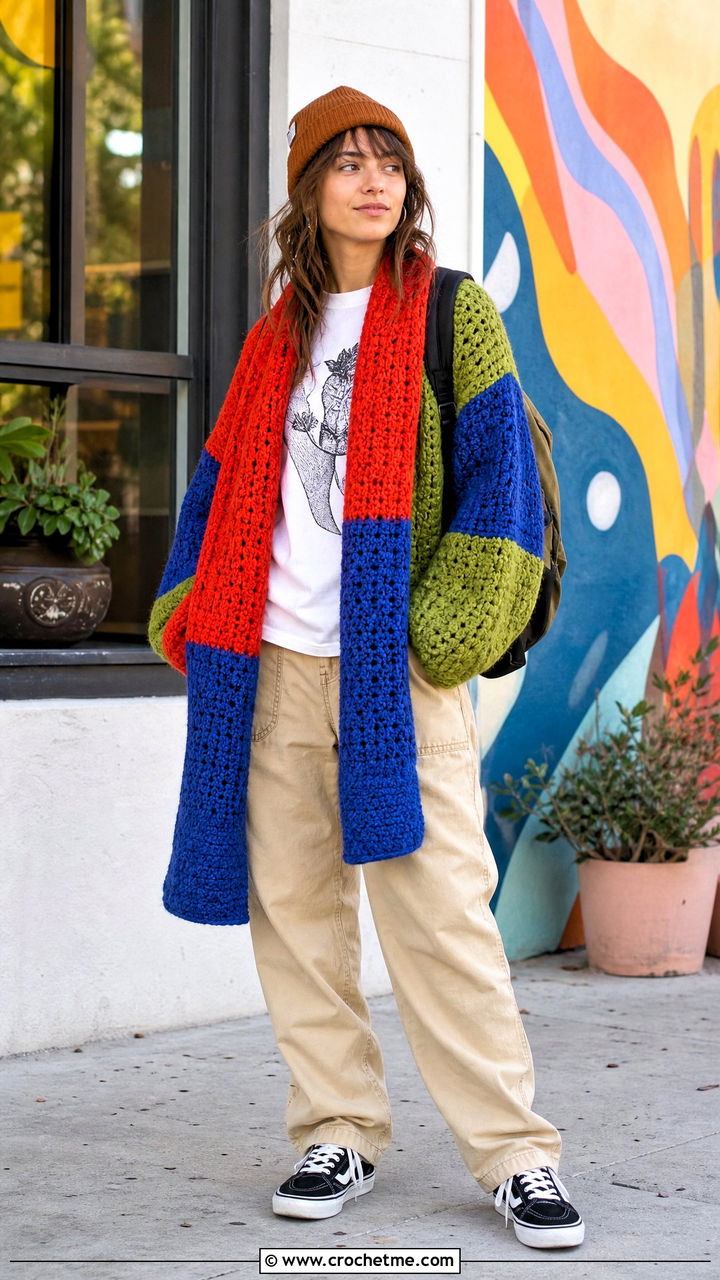 Patchwork Crochet Scarf With Sleeves And Carpenter Pants - 35 crochet scarf with sleeves outfit ideas