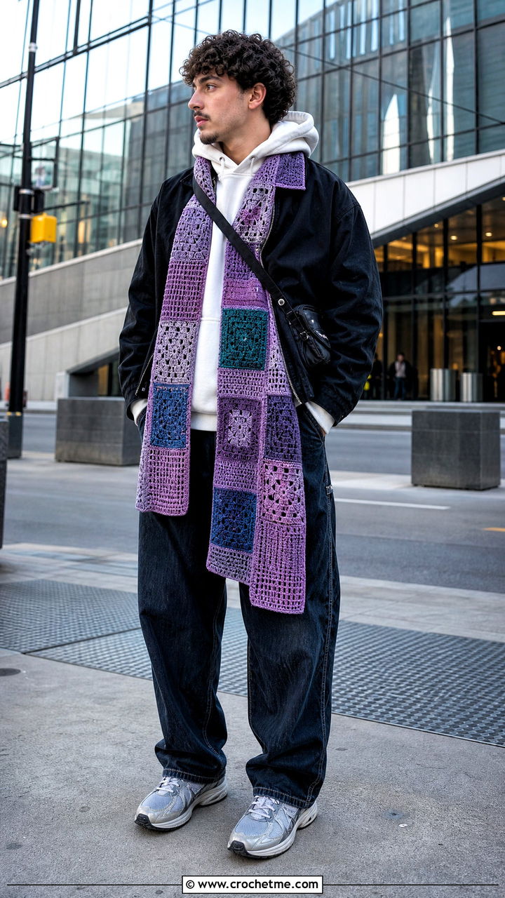 Patchwork Crochet Scarf With Streetwear Outfit - 35 crochet scarf for men outfit ideas