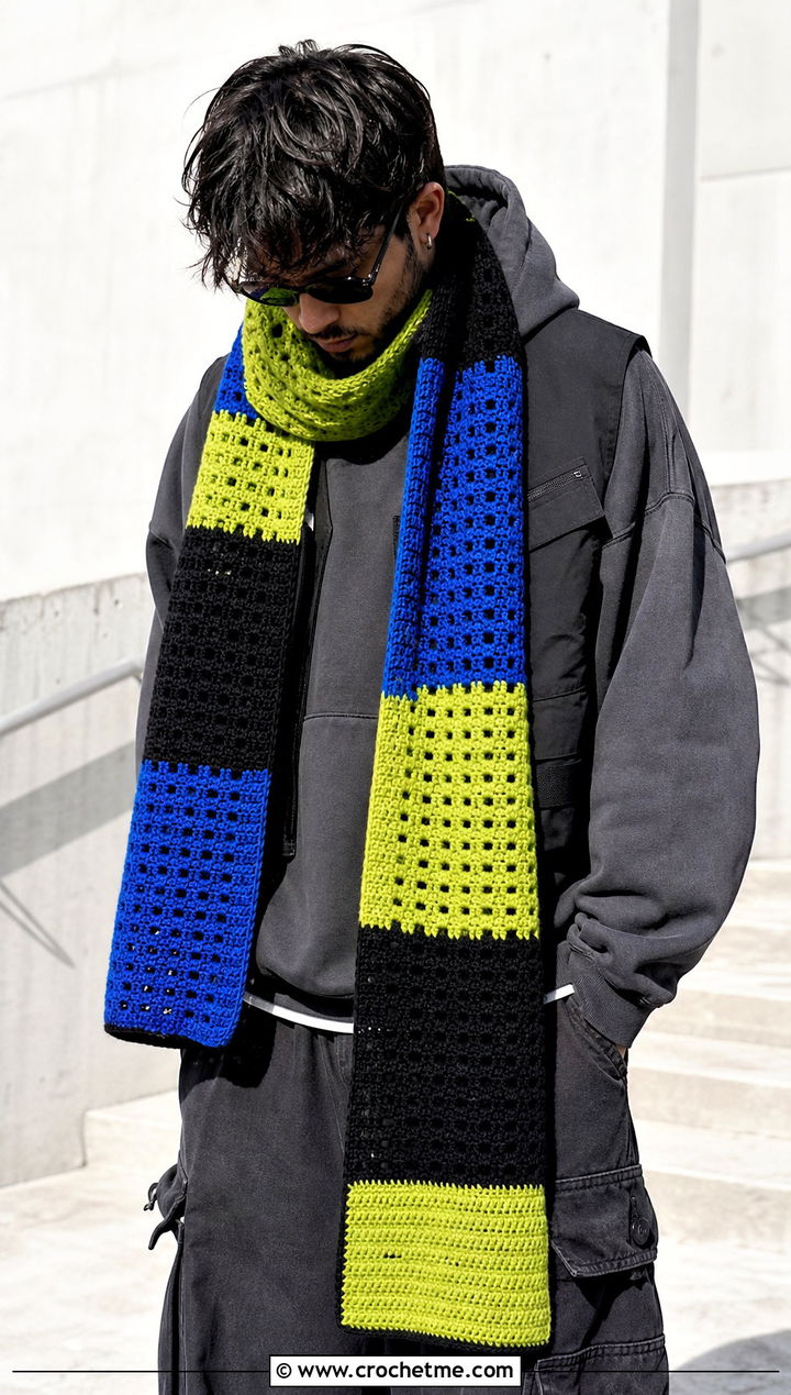 Patchwork Crochet Scarf With Streetwear Outfit - 30 easy crochet scarf men outfit ideas