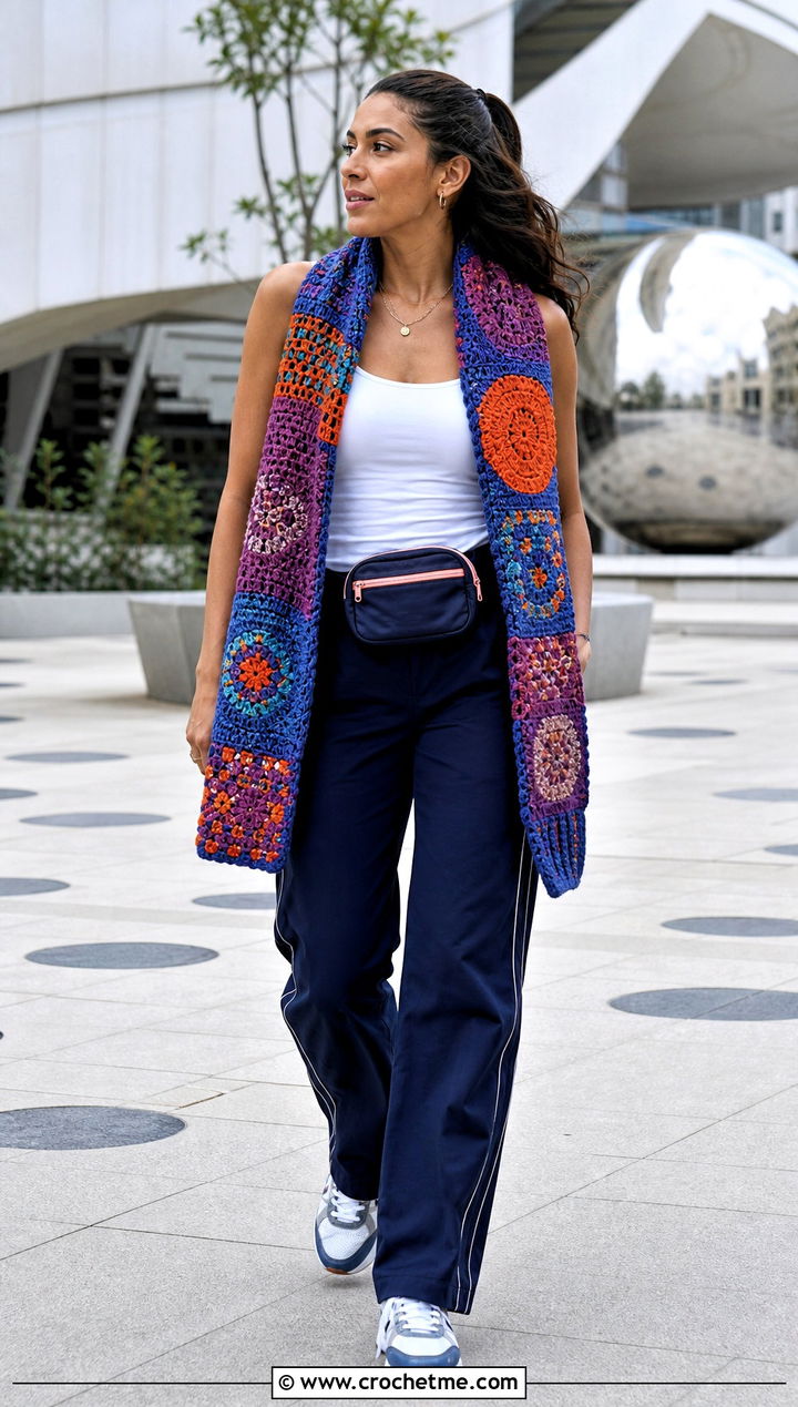 Patchwork Crochet Scarf With Tank Top And Track Pants - 35 summer crochet scarf outfit ideas