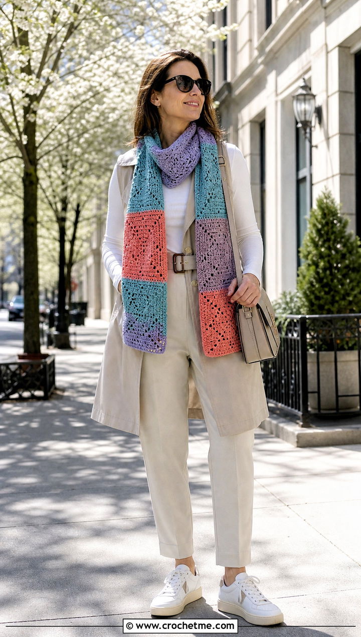 Patchwork Crochet Scarf With Trench Vest - 35 cute crochet scarf outfit ideas