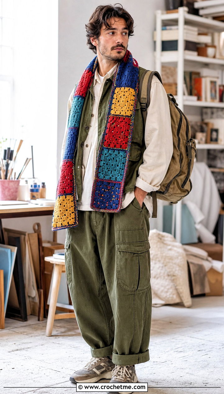 Patchwork Crochet Scarf With Utility Vest - 30 male crochet scarf outfit ideas