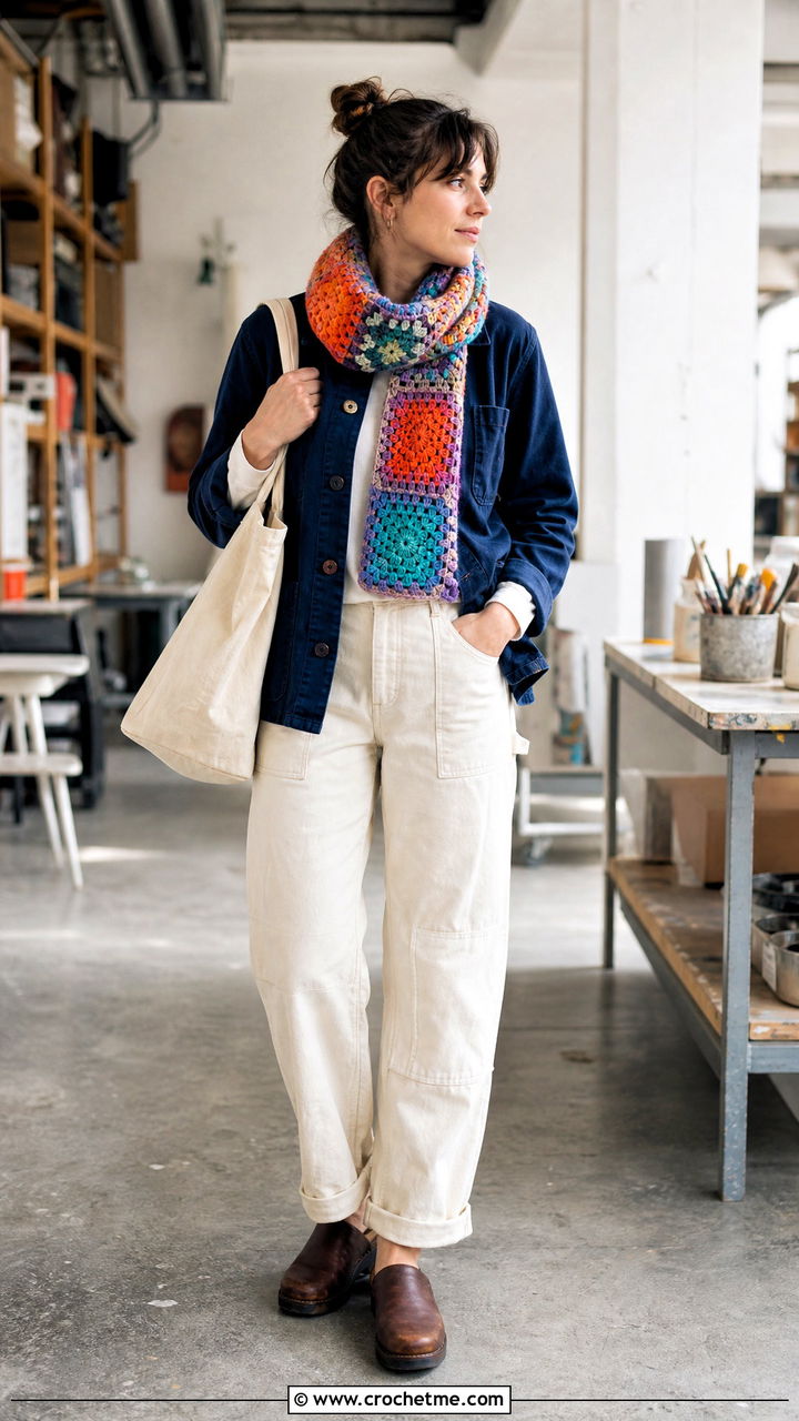 Patchwork Crochet Scarf With Workwear Jacket - 35 beginner crochet scarf outfit ideas