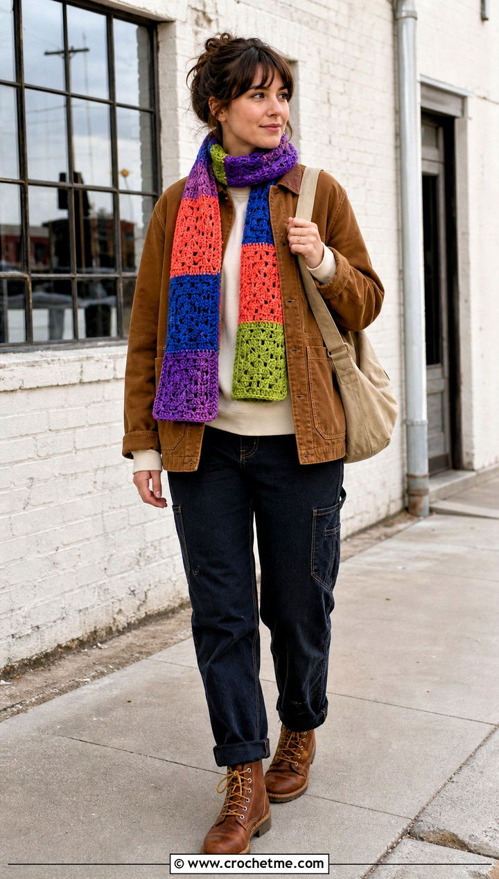 Patchwork Crochet Scarf With Workwear Jacket - 35 fall crochet scarf outfit ideas