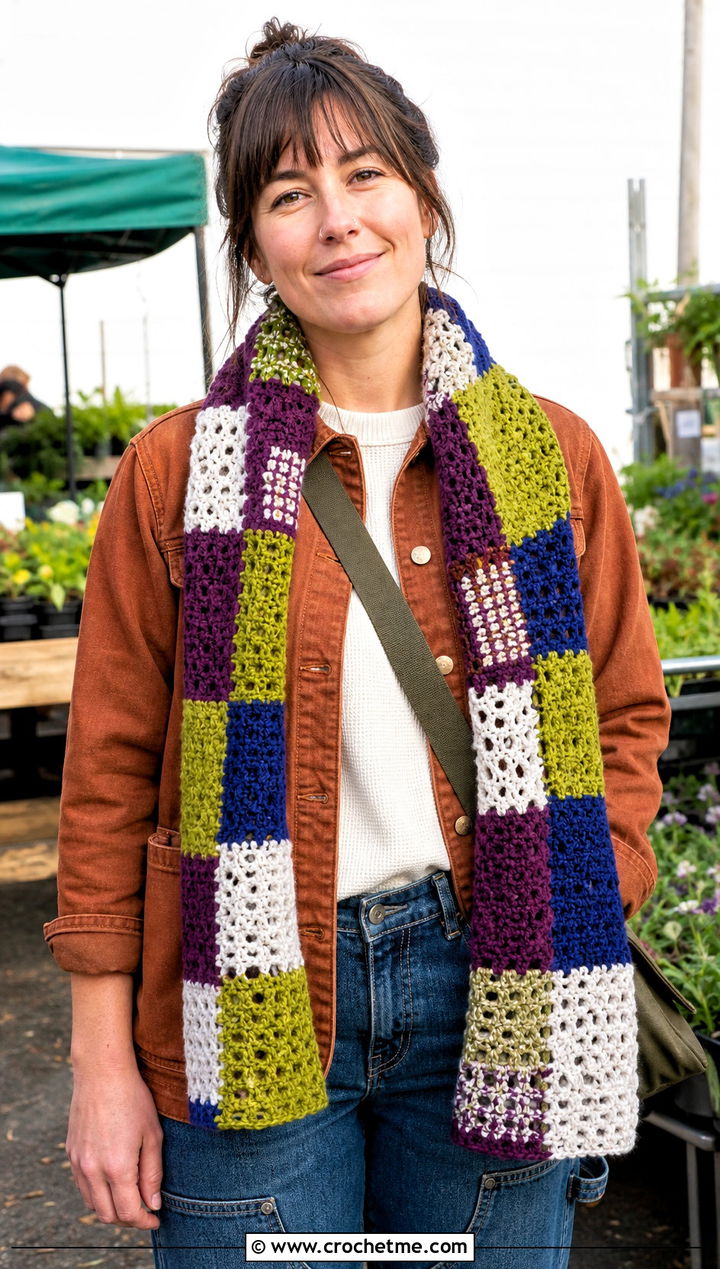Patchwork Crochet Scarf With Workwear Jacket - 30 wanderlust crochet scarf outfit ideas