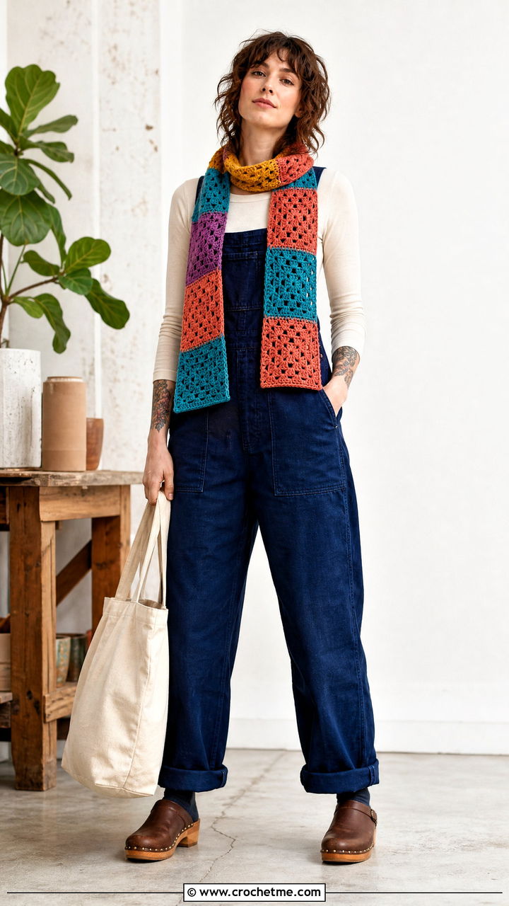 Patchwork Crochet Scarf With Workwear Overalls - 35 easy crochet scarf outfit ideas