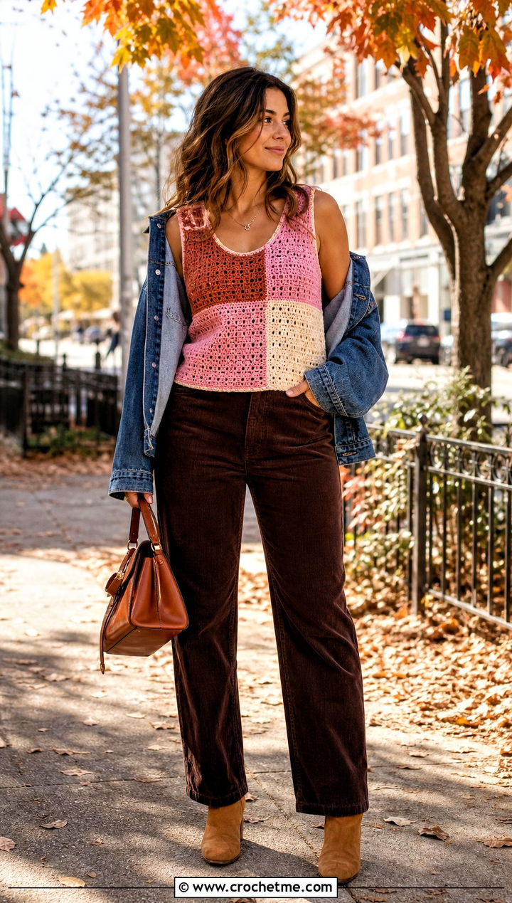 Patchwork Crochet Scoop Neck Top With Corduroy Pants - 30 crochet scoop neck top outfit ideas