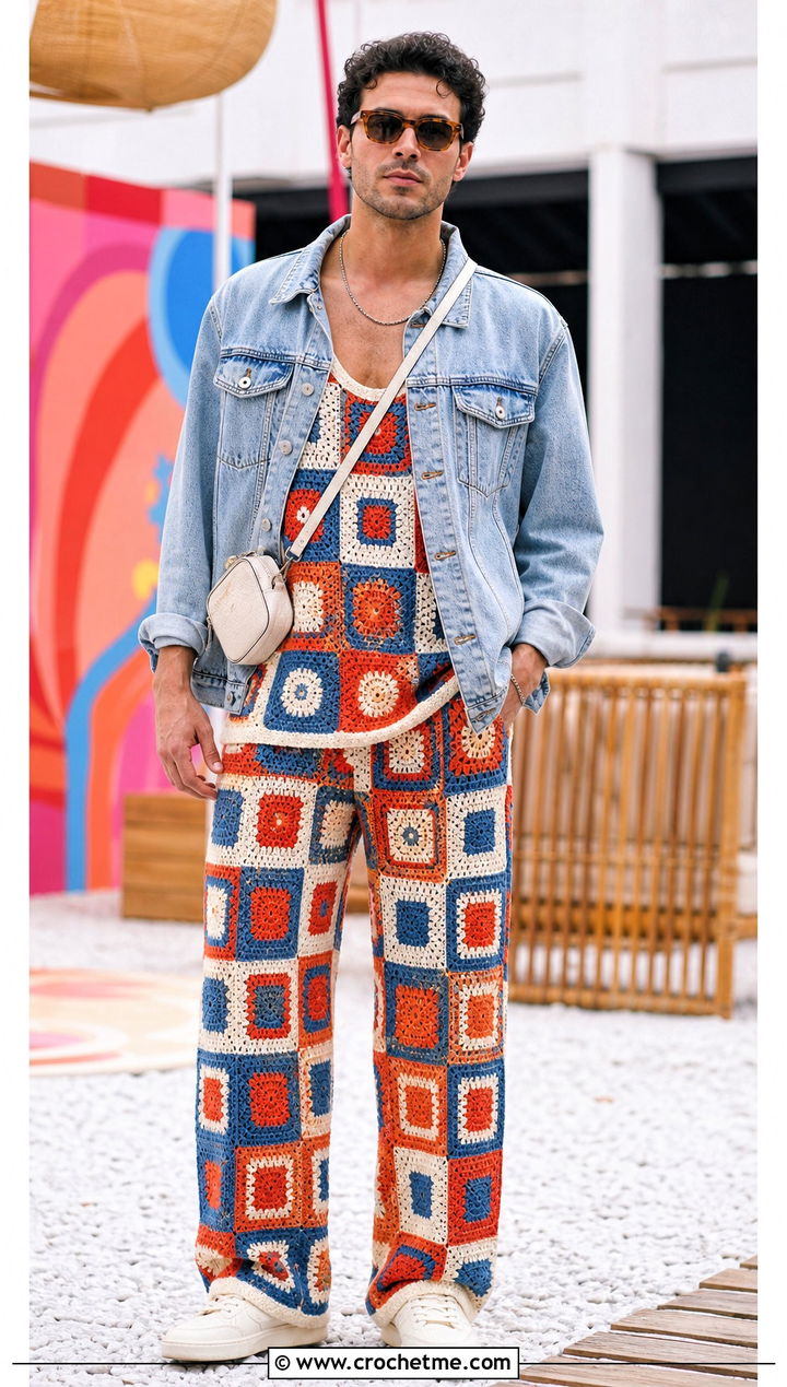 Patchwork Crochet Set With Denim Jacket - 25 crochet clothes men ideas