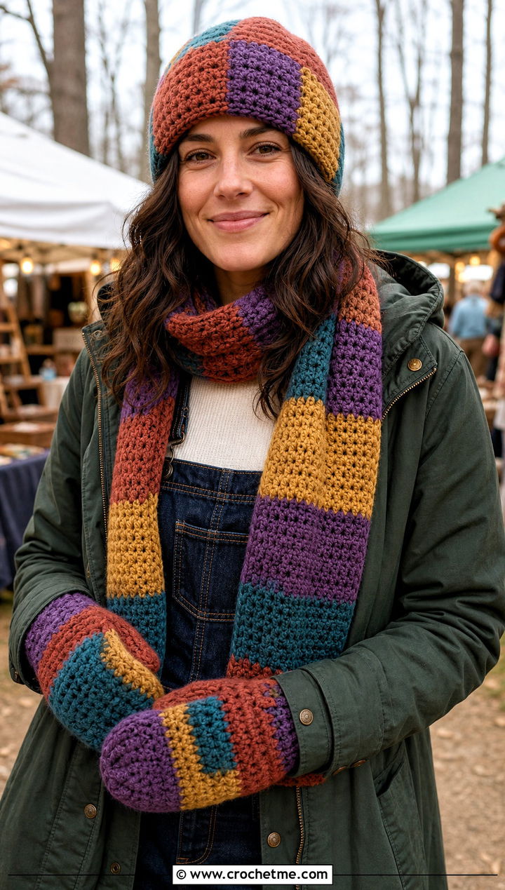 Patchwork Crochet Set With Utility Coat - 20 Crochet Hat Mittens Scarf Set outfit ideas