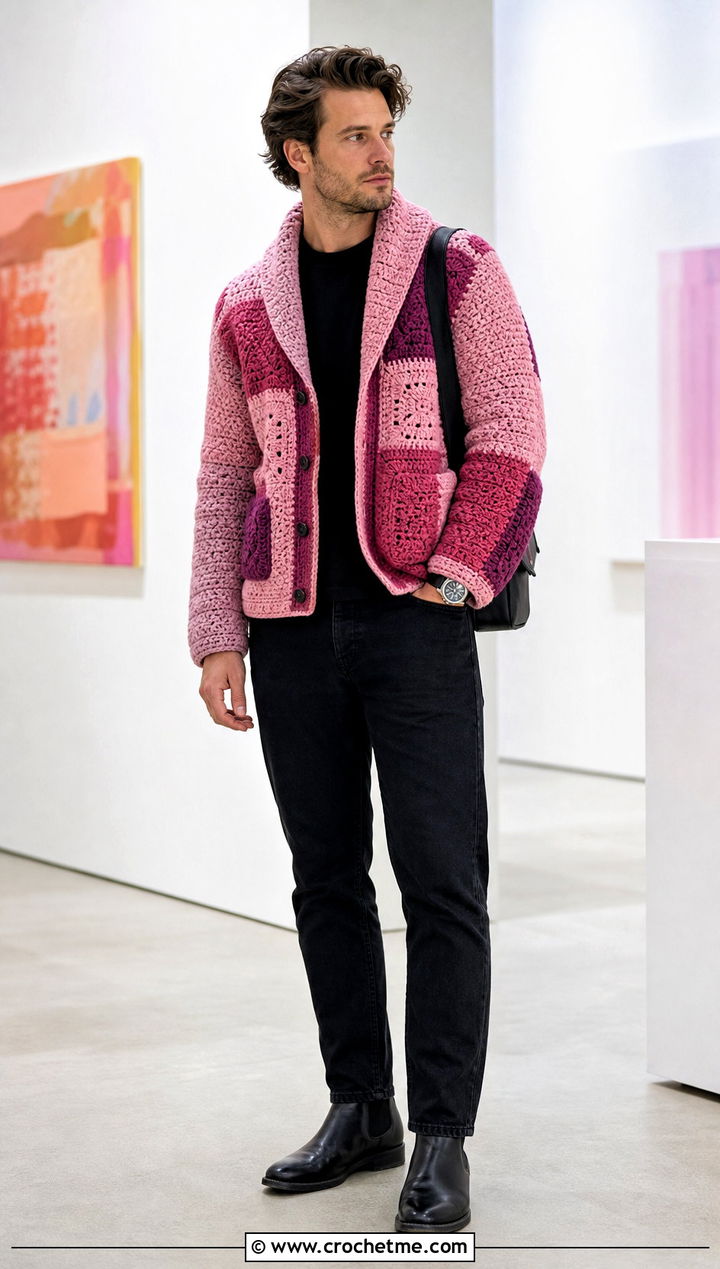 Patchwork Crochet Shawl Collar Cardigan With Black Denim - 20 Mens Crochet Shawl Collar Cardigan outfit ideas