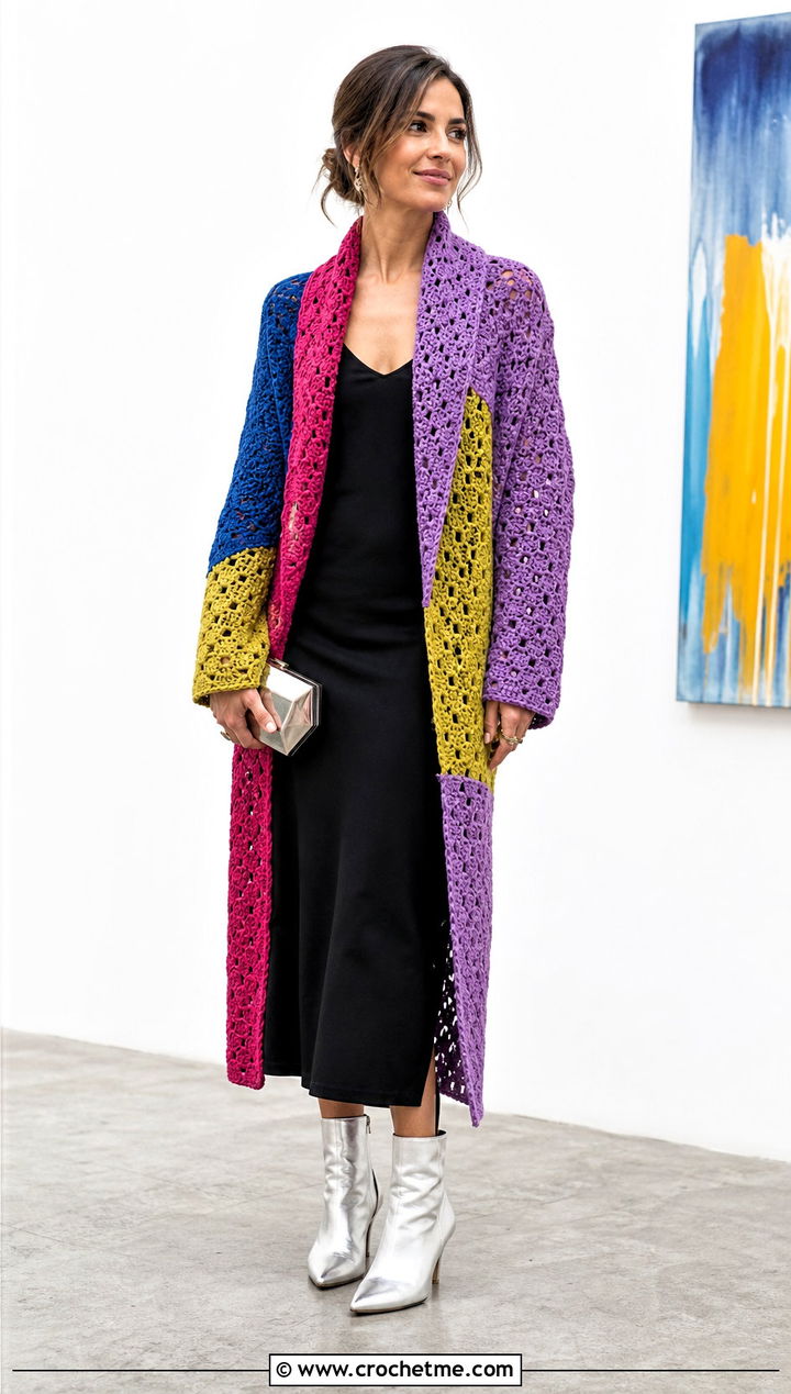 Patchwork Crochet Shawl Collar Cardigan With Column Dress - 20 Crochet Shawl Collar Sweater outfit ideas