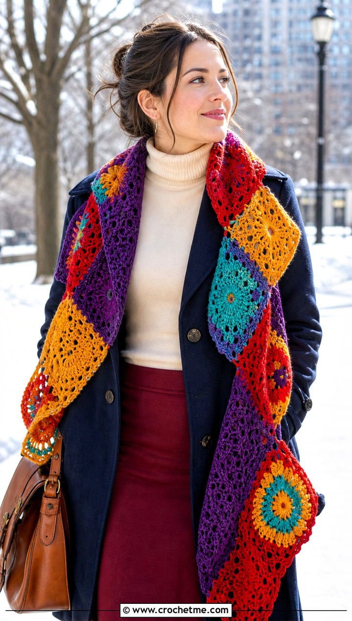 Patchwork Crochet Shawl Scarf With Peacoat - 30 crochet shawl scarf outfit ideas