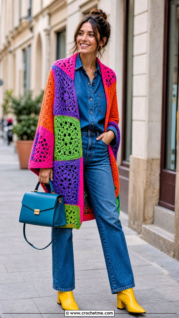 Patchwork Crochet Shawl With A Canadian Tuxedo - 35 crochet shawl outfit ideas