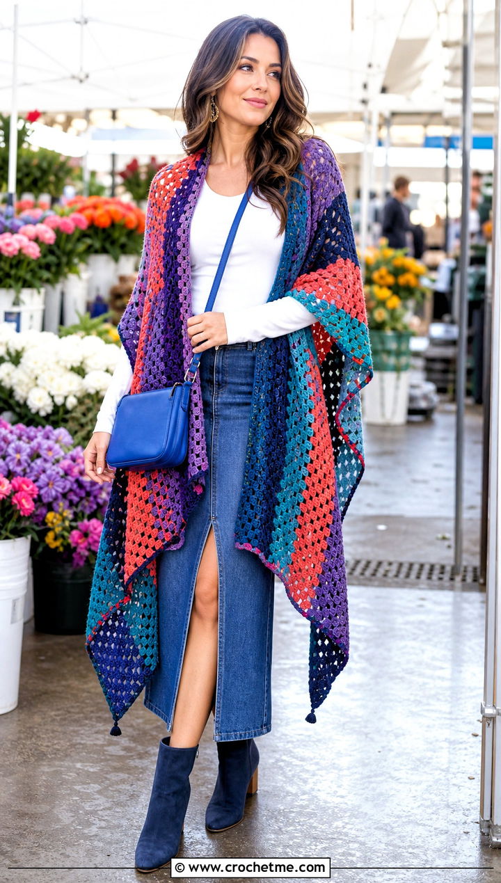 Patchwork Crochet Shawl With Denim Midi Skirt - 25 Stevie Nicks Crochet Shawl outfit ideas