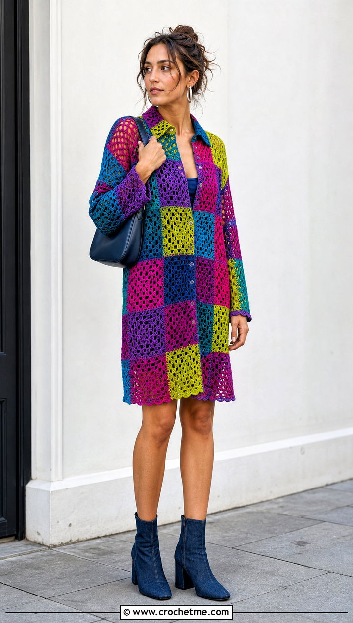 Patchwork Crochet Shirt Dress With Denim Boots - 35 crochet shirt dress outfit ideas