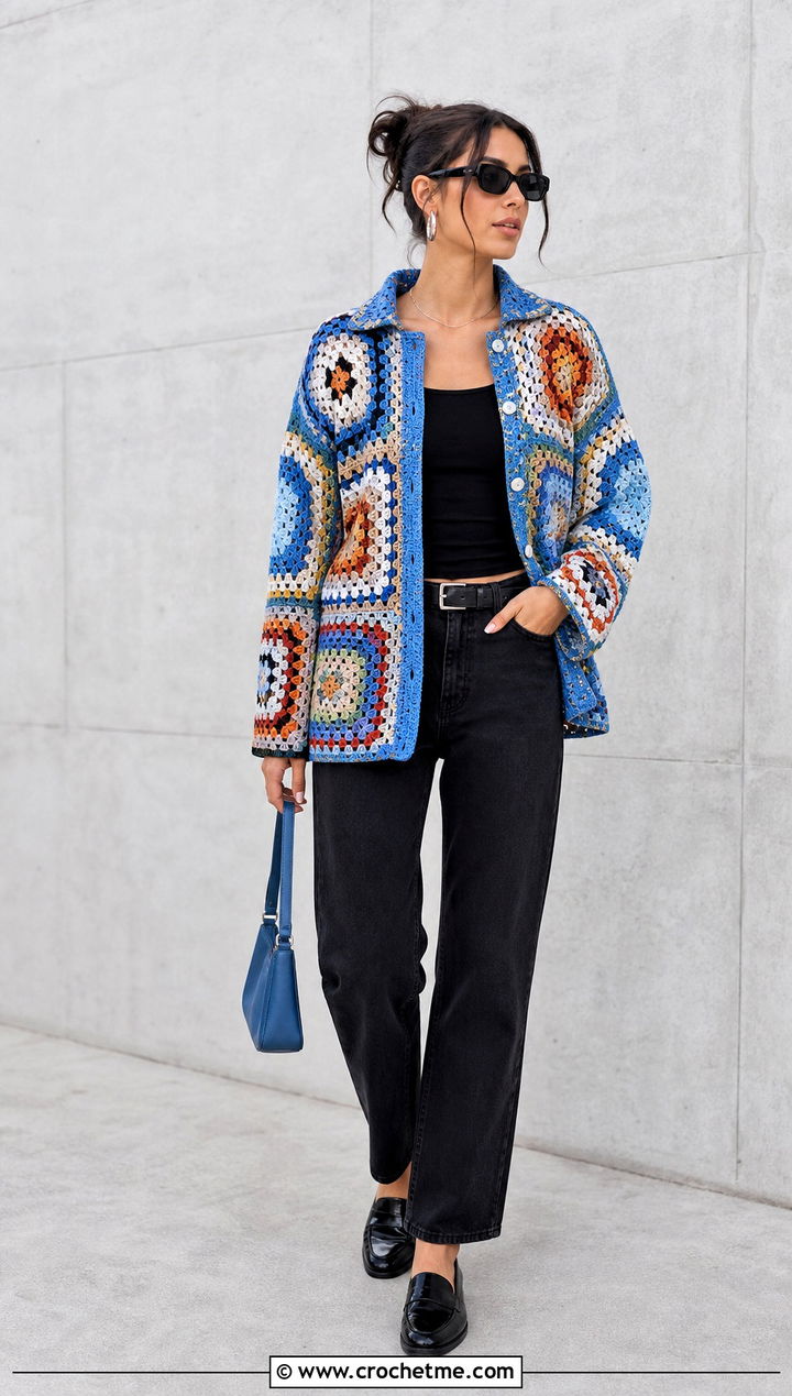 Patchwork Crochet Shirt With Black Jeans - 35 crochet shirt for women outfit ideas