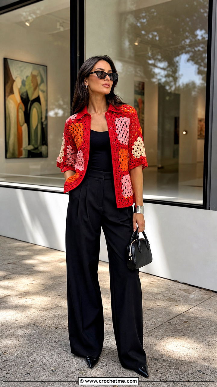 Patchwork Crochet Shirt With Black Trousers - 35 crochet shirts outfit ideas