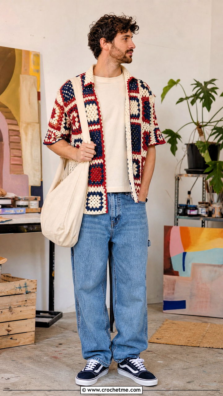Patchwork Crochet Shirt With Carpenter Jeans - 35 crochet mens shirt outfit ideas