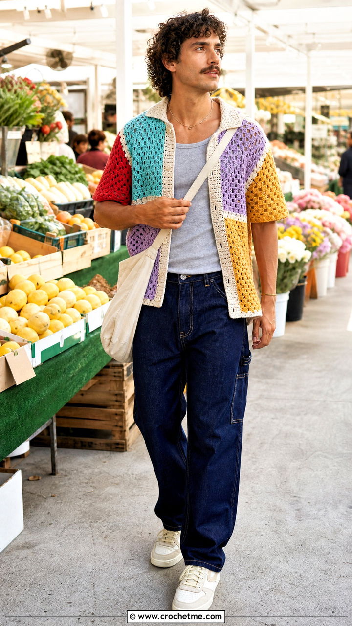 Patchwork Crochet Shirt With Carpenter Jeans - 35 crochet men shirt outfit ideas