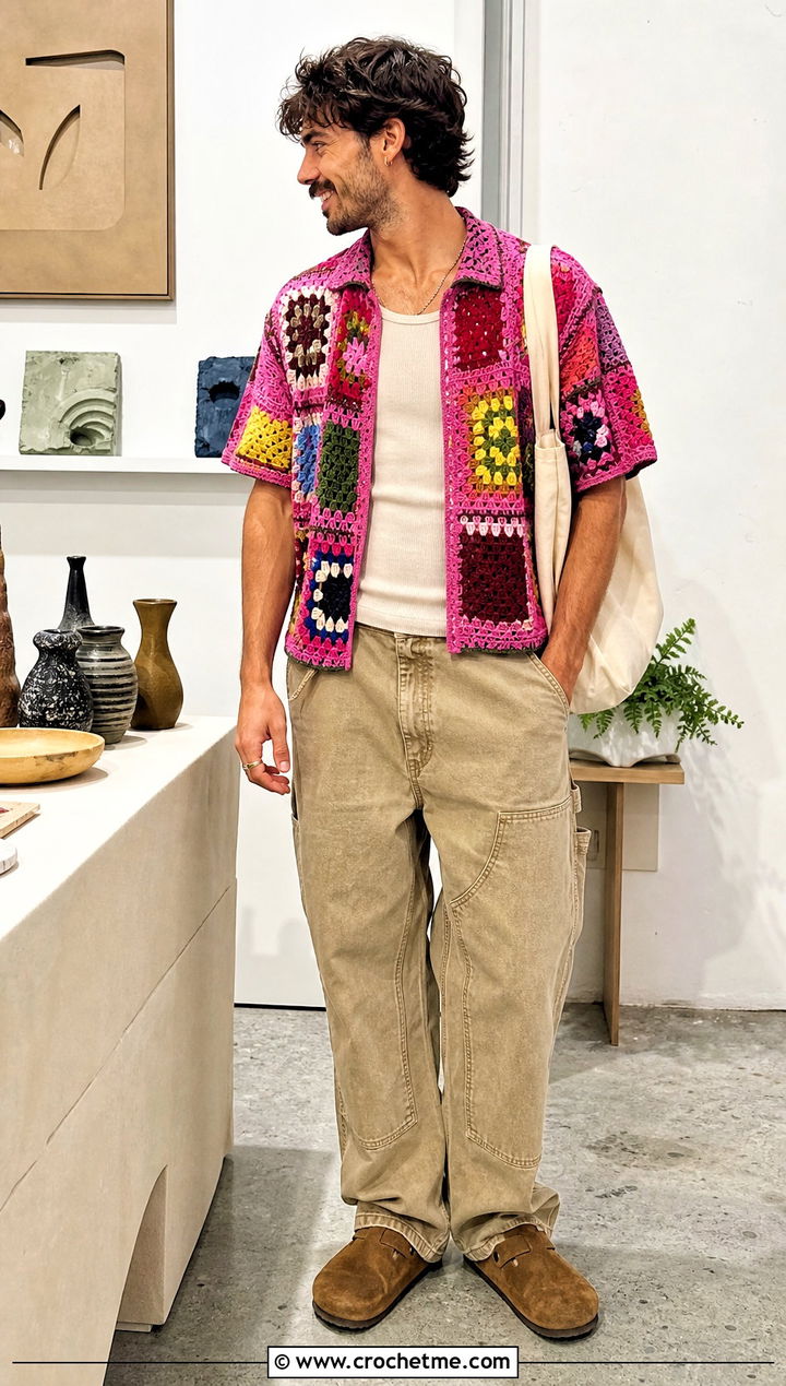 Patchwork Crochet Shirt With Carpenter Pants - 15 men's crochet top outfit ideas