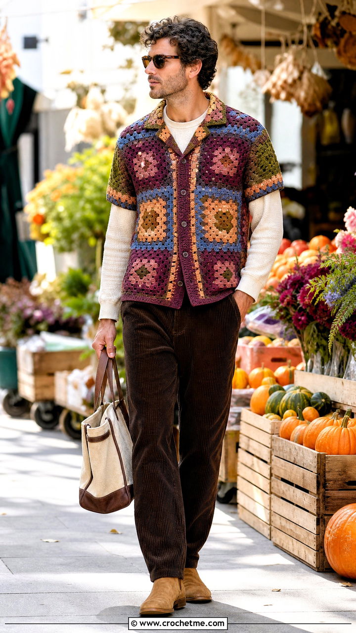 Patchwork Crochet Shirt With Corduroy Pants - 35 crochet top for men outfit ideas