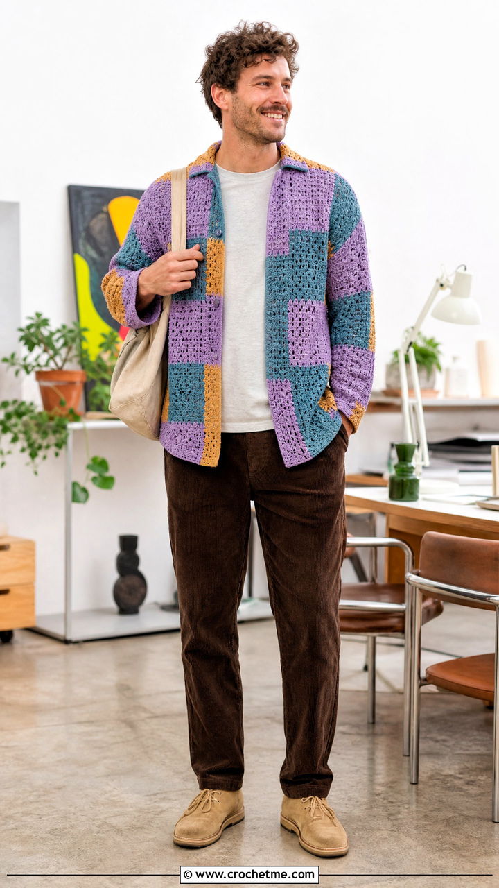 Patchwork Crochet Shirt With Corduroy Trousers - 35 mens crochet shirt outfit ideas