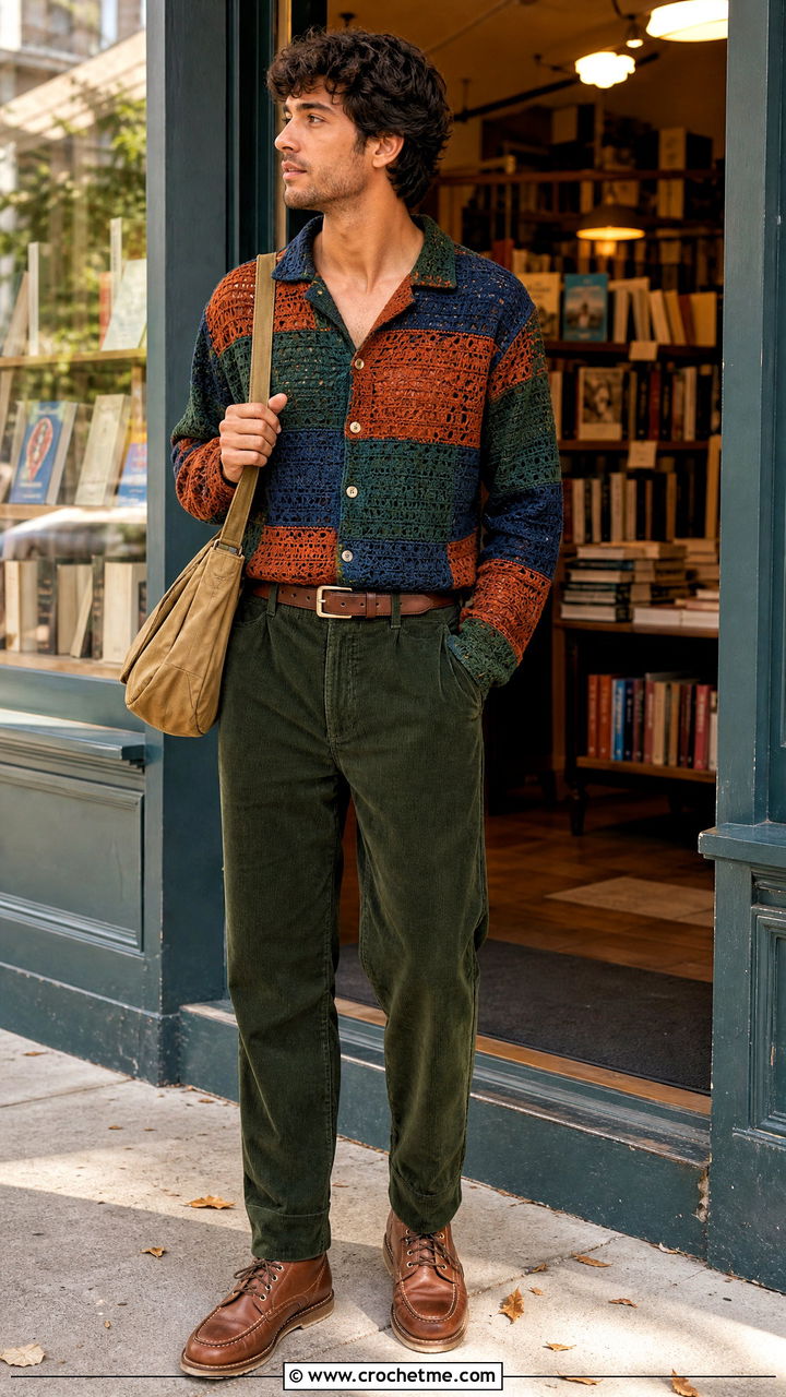 Patchwork Crochet Shirt With Corduroy Trousers - 35 crochet male shirt outfit ideas
