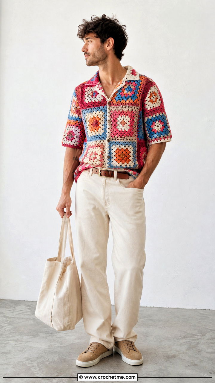 Patchwork Crochet Shirt With Ecru Jeans - 35 crochet shirts for men outfit ideas
