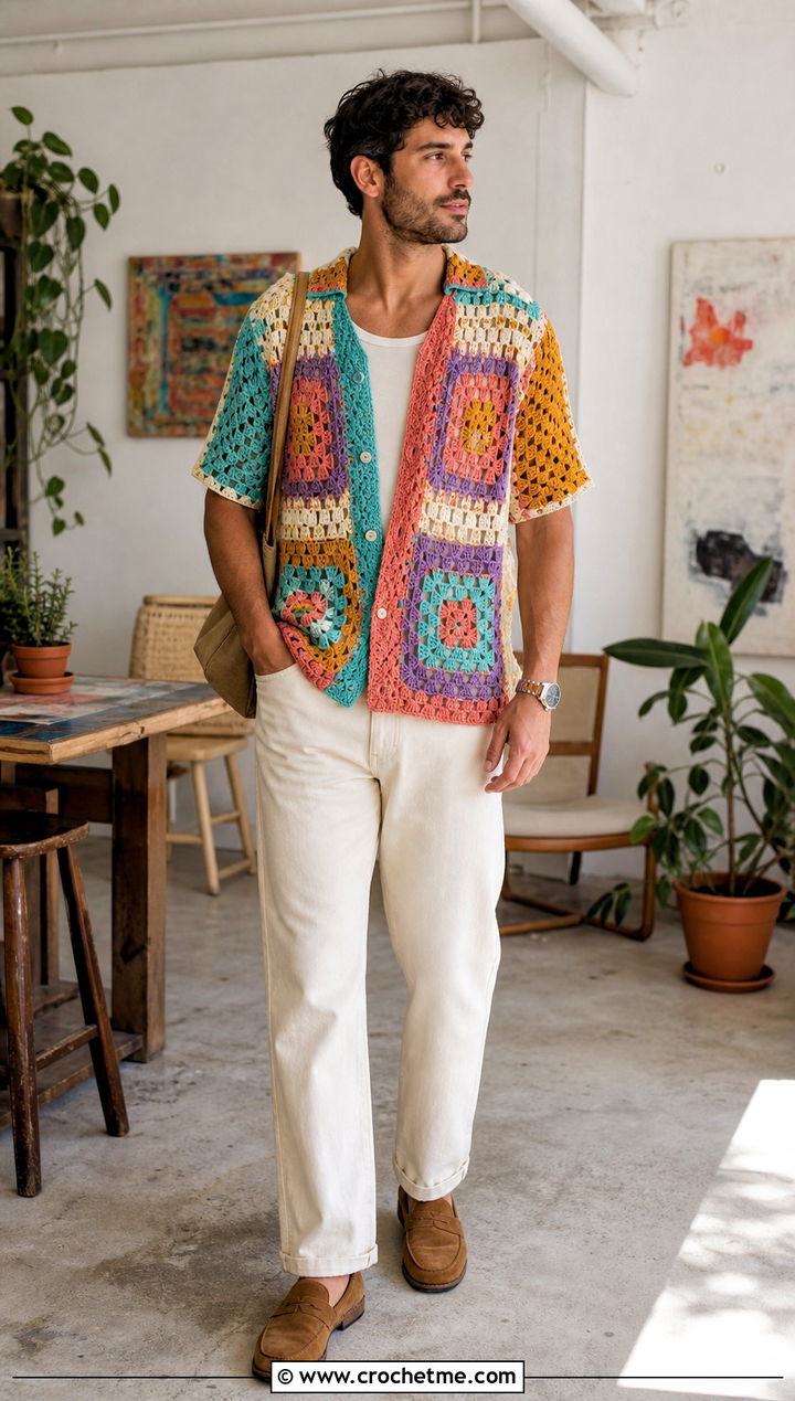 Patchwork Crochet Shirt With Ecru Jeans - 35 Mens Crochet Top outfit ideas