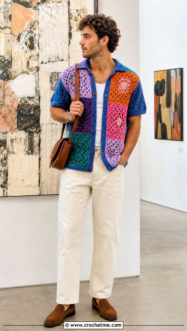 Patchwork Crochet Shirt With Ecru Jeans - 30 men crochet top outfit ideas