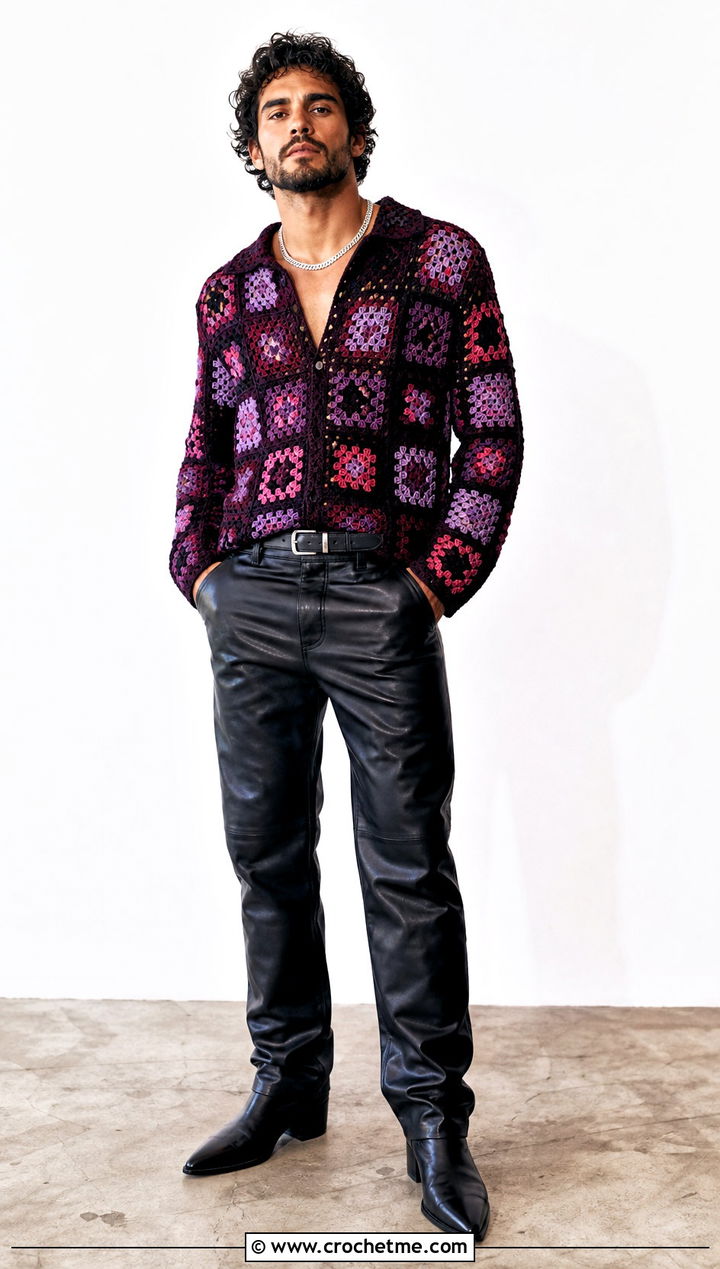 Patchwork Crochet Shirt With Leather Pants - 15 crochet tops for men outfit ideas
